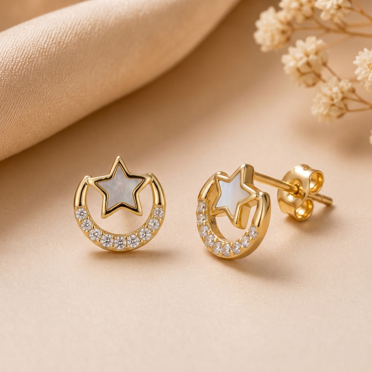 Pavé Crescent Moon with Inlay Star Stud Earring