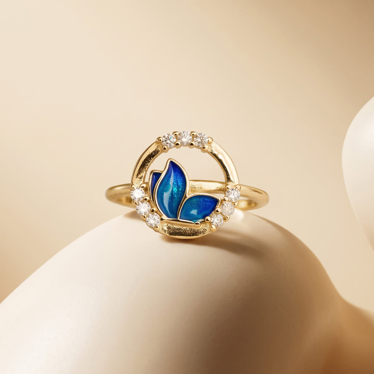 Blue Enamel Butterfly Circle Halo Ring
