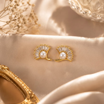 Art Deco Baguette Fan Pearl Stud Earring