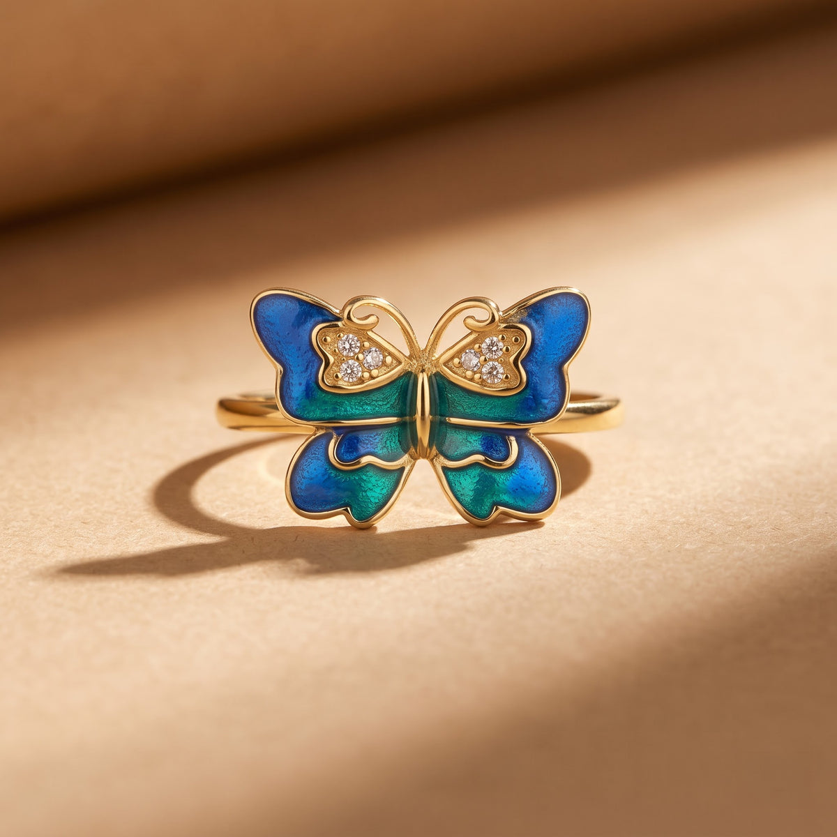 Blue Enamel Butterfly Ring with Heart Accents