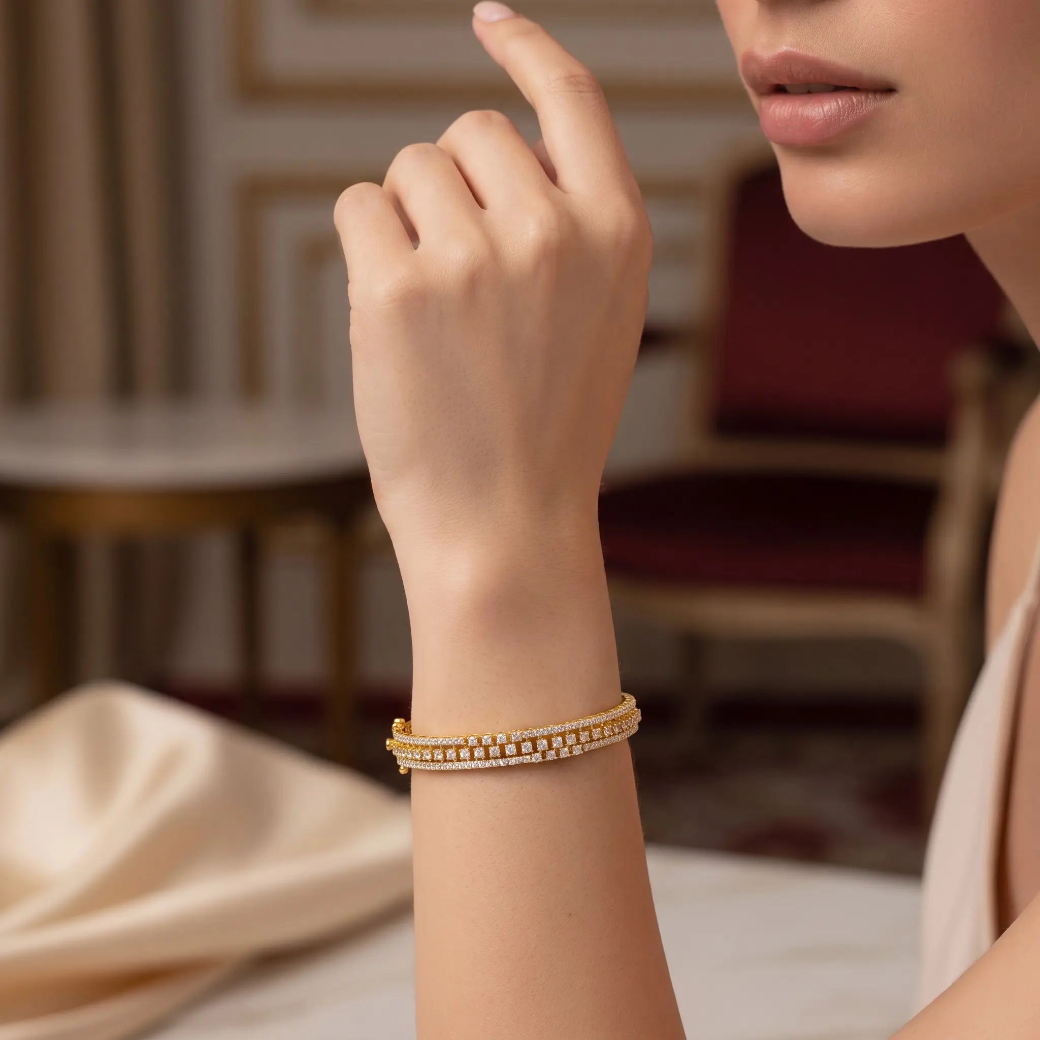Gold Triple-Row White Stone Kada