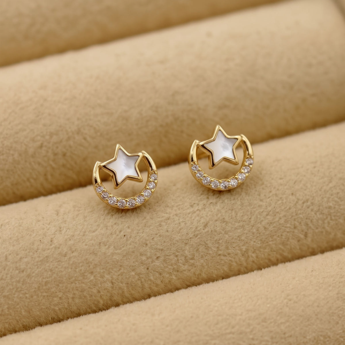 Pavé Crescent Moon with Inlay Star Stud Earring