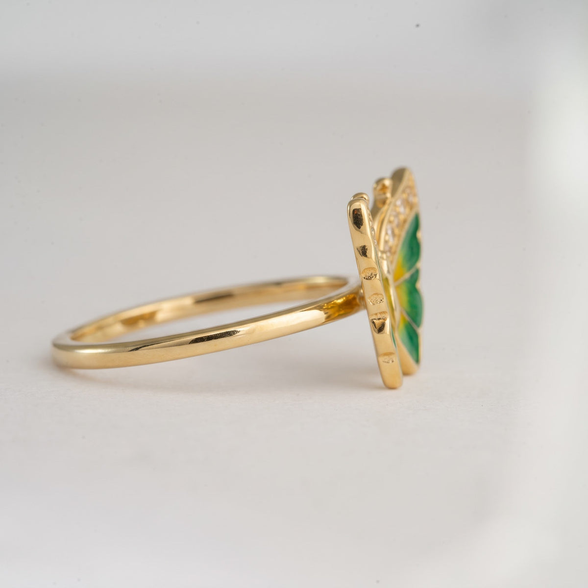 Green and Yellow Enamel Butterfly Ring with Pavé Wing Accents
