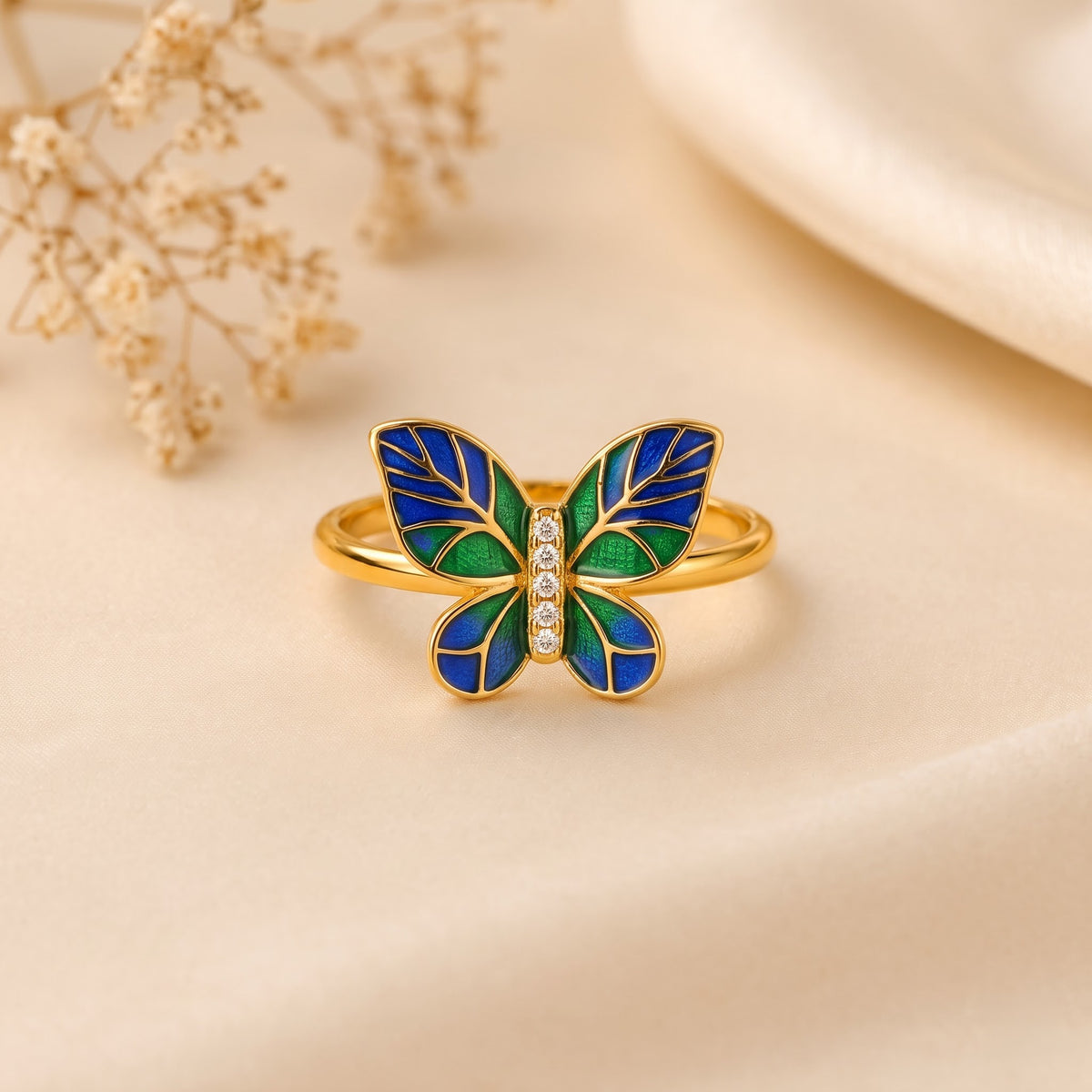 Blue and Green Enamel Butterfly Ring