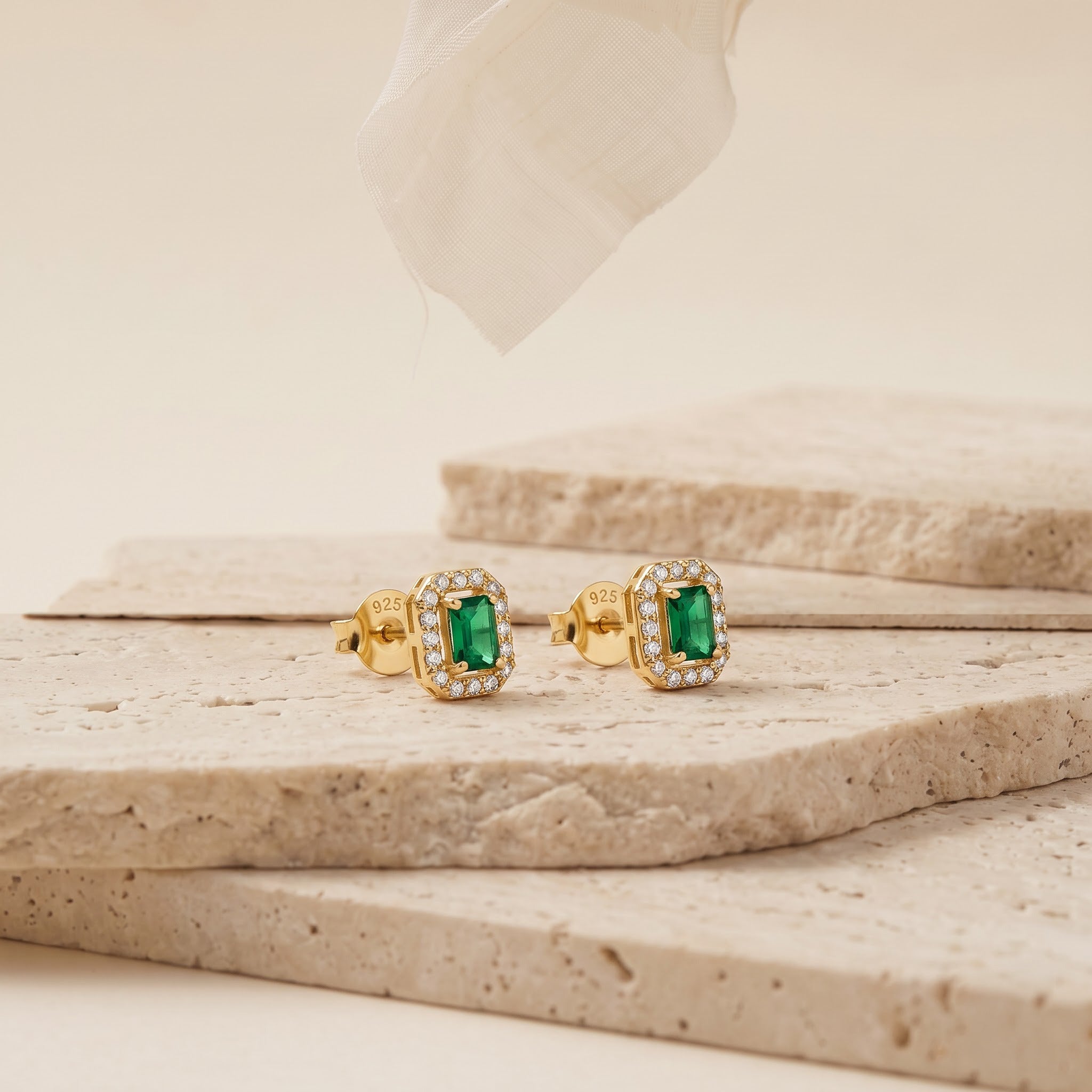 Emerald Cut Emerald Halo Stud Earrings