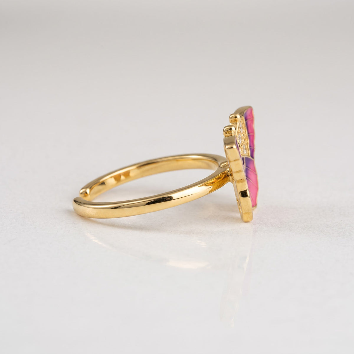 Pink and Purple Enamel Butterfly Ring with Pavé Accents