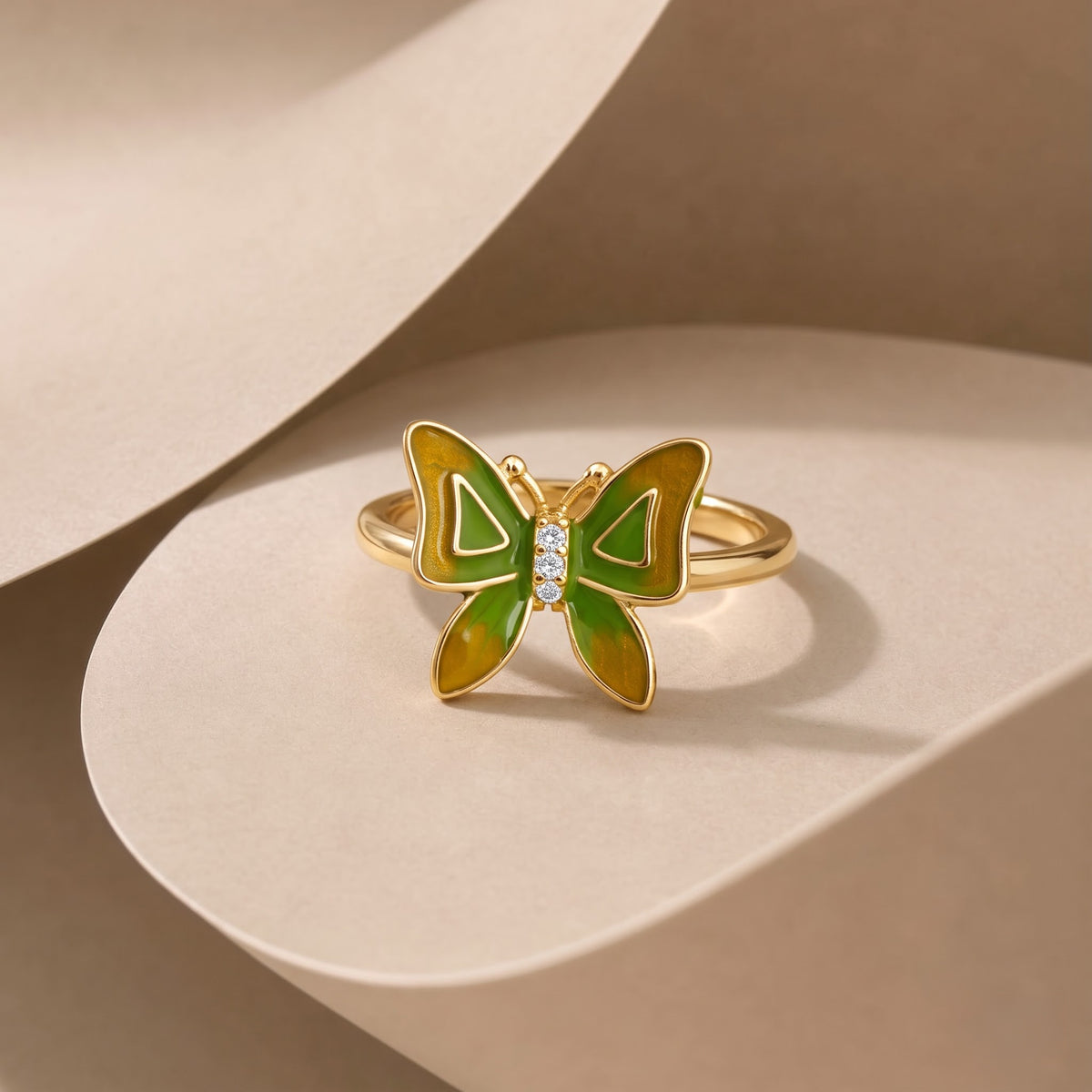 Yellow and Green Enamel Butterfly Ring