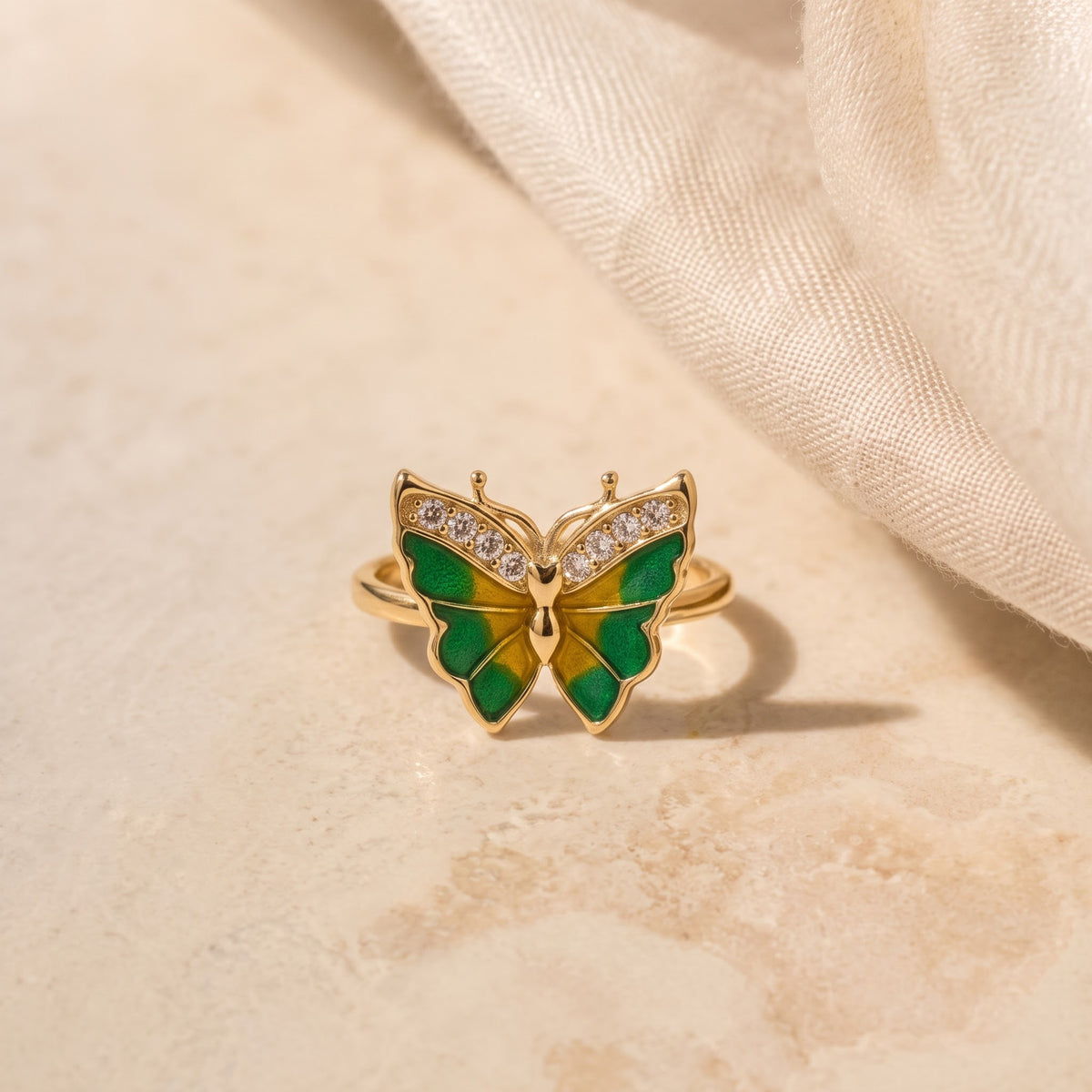 Green and Yellow Enamel Butterfly Ring with Pavé Wing Accents