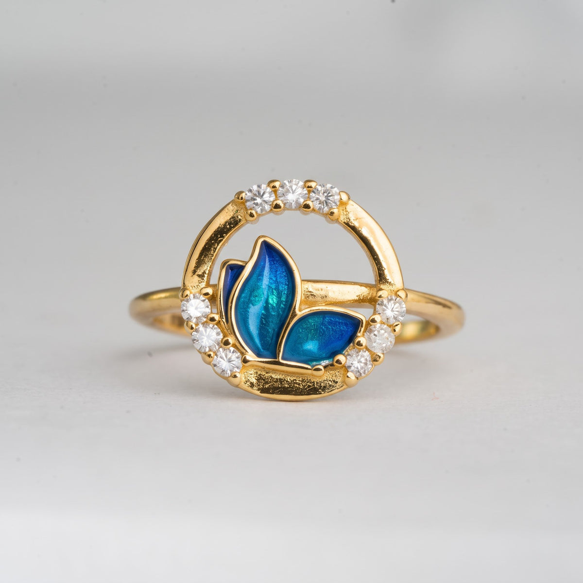 Blue Enamel Butterfly Circle Halo Ring
