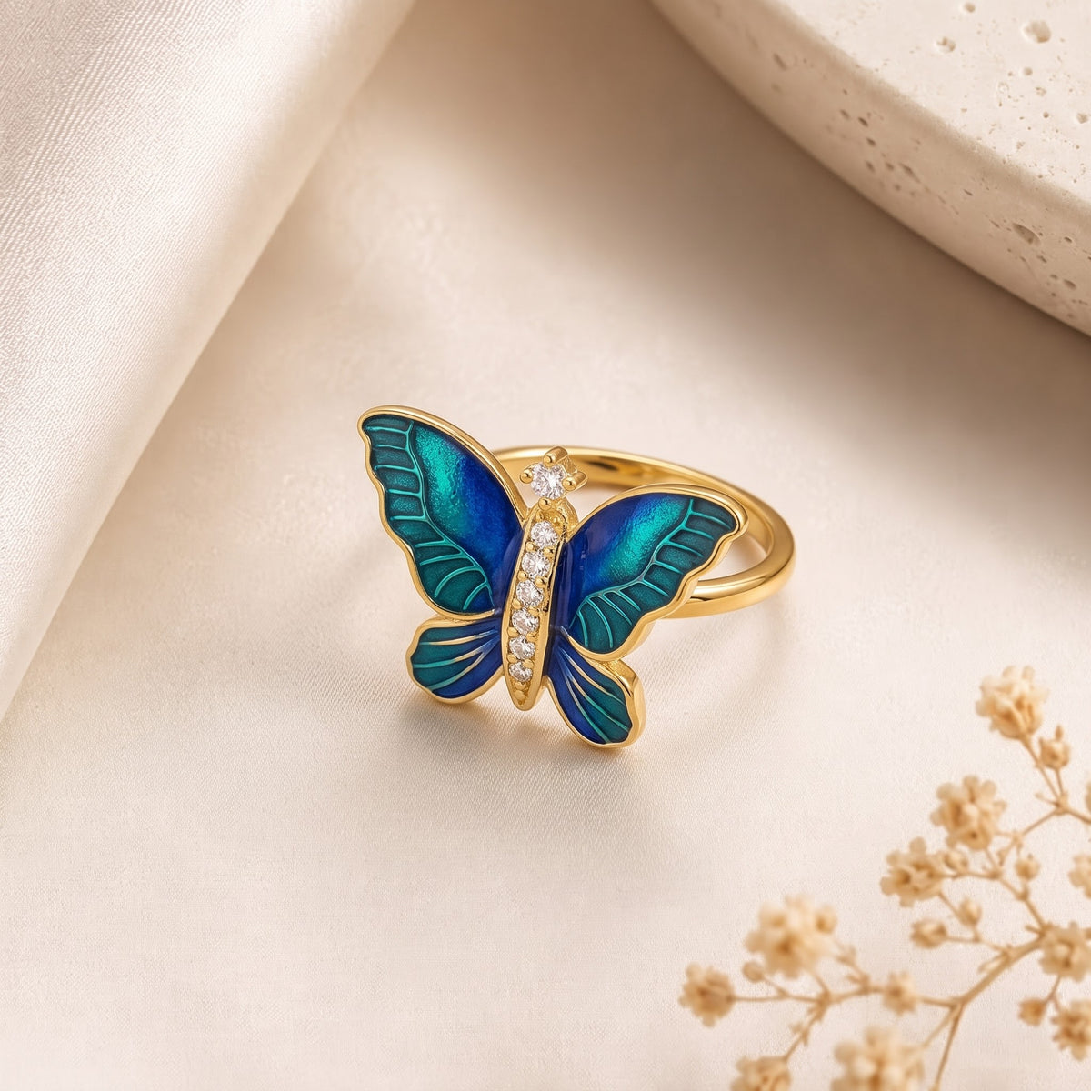 Peacock Blue Enamel Butterfly Ring