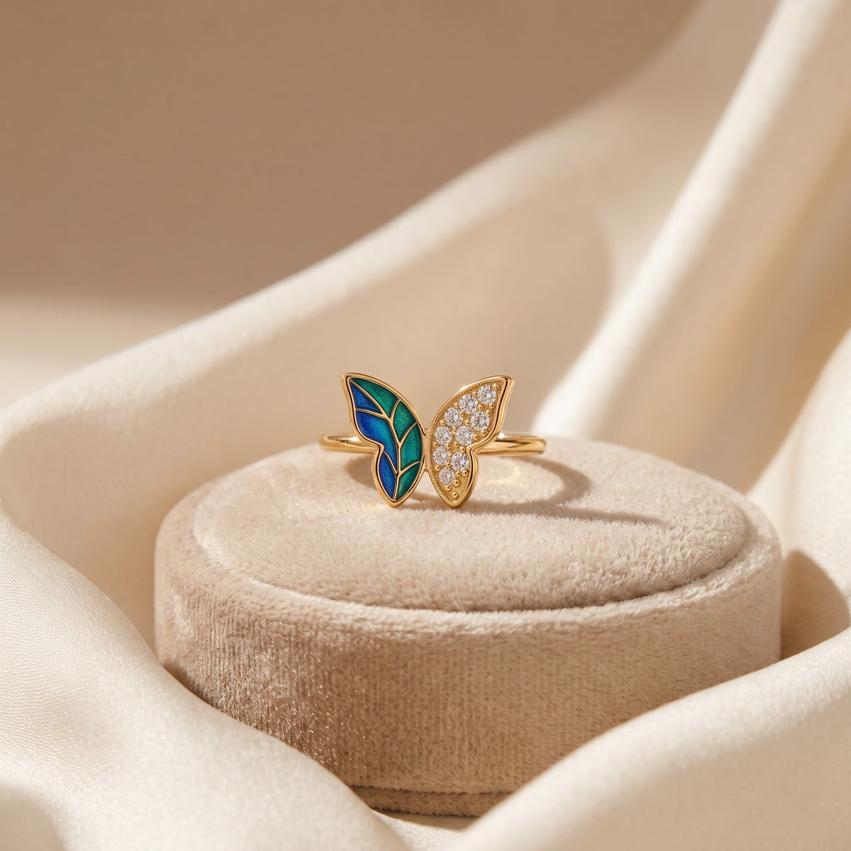 Blue-Green Enamel and Pavé Butterfly Ring