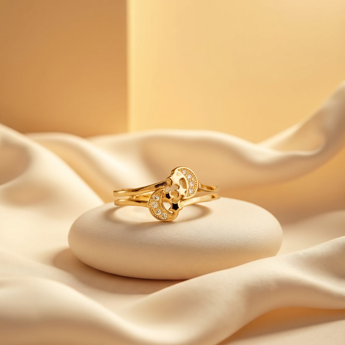 Pavé Crescent Moon and Star Bypass Ring