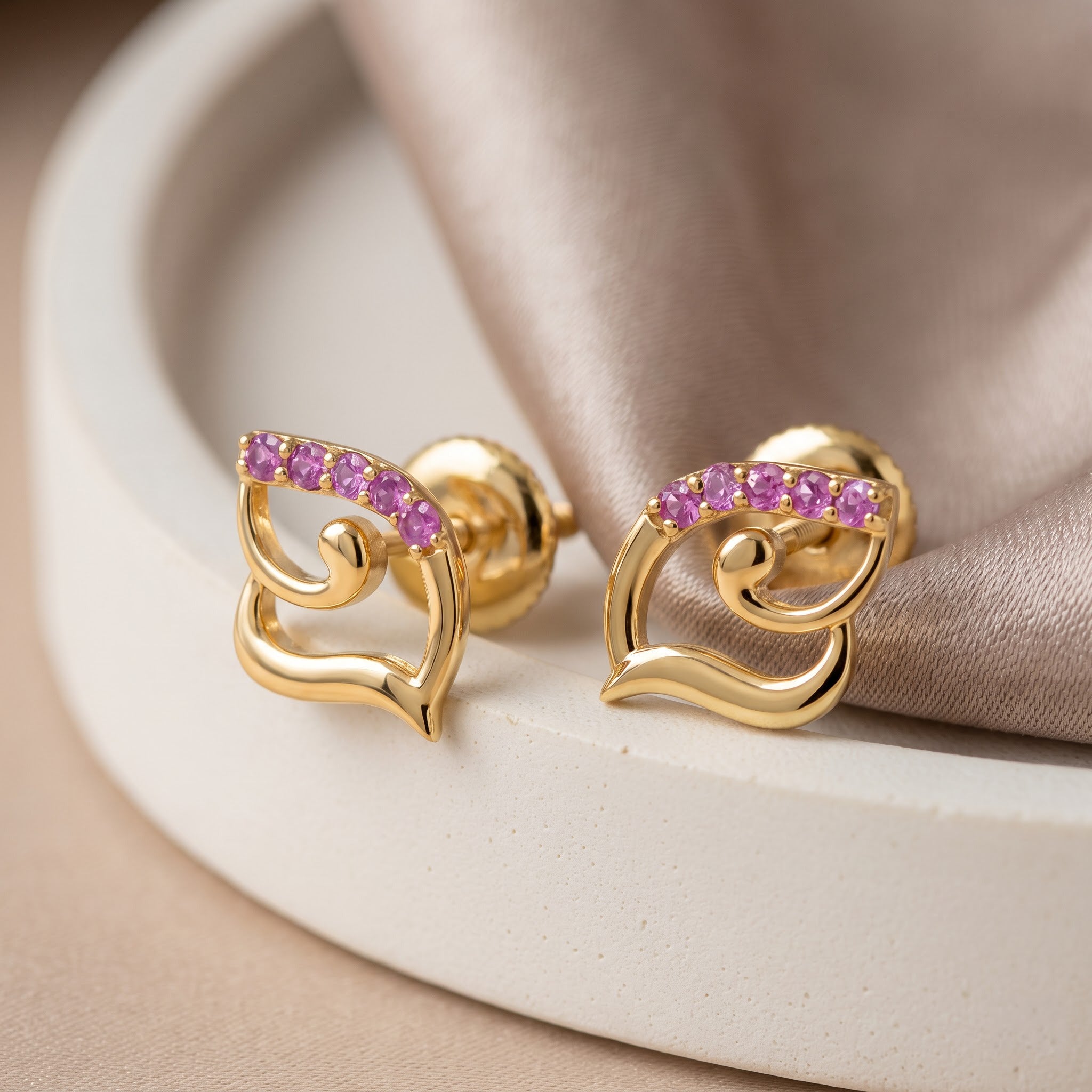 Pink Sapphire Abstract Leaf Stud Earrings