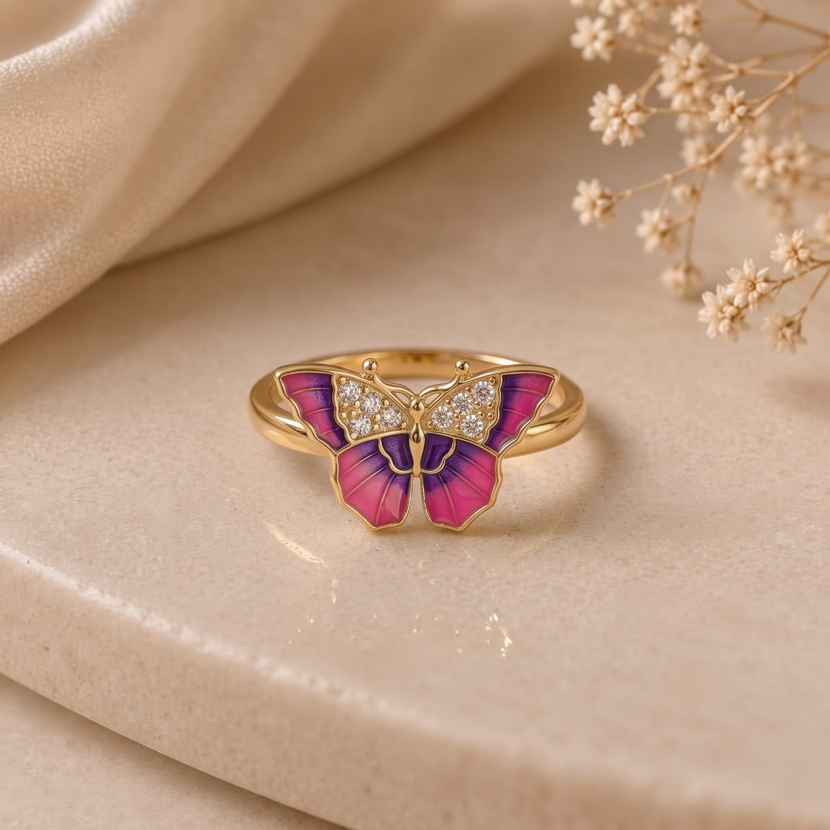 Pink and Purple Enamel Butterfly Ring with Pavé Accents