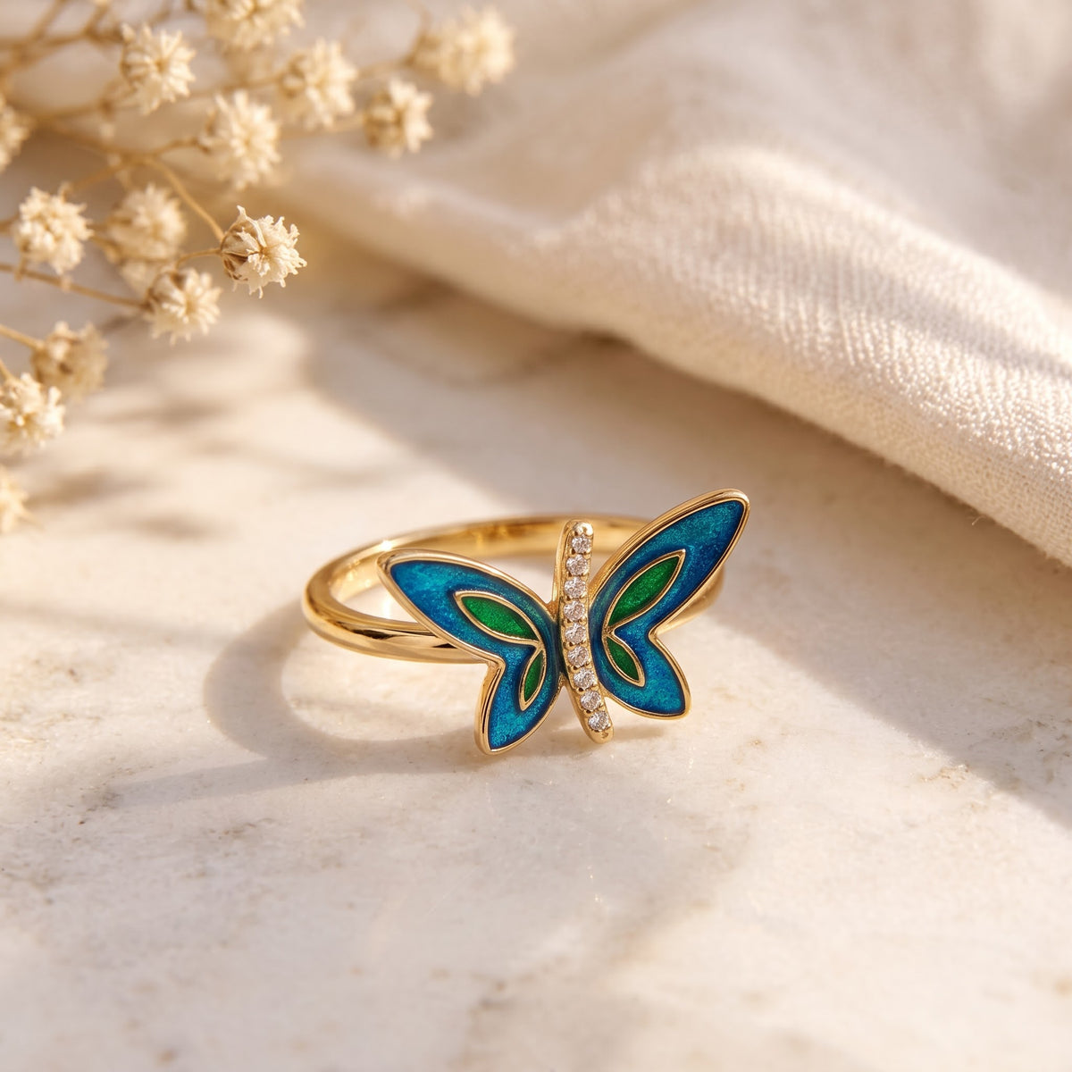 Blue and Green Enamel Dragonfly Ring