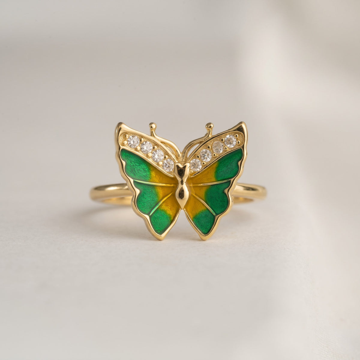 Green and Yellow Enamel Butterfly Ring with Pavé Wing Accents