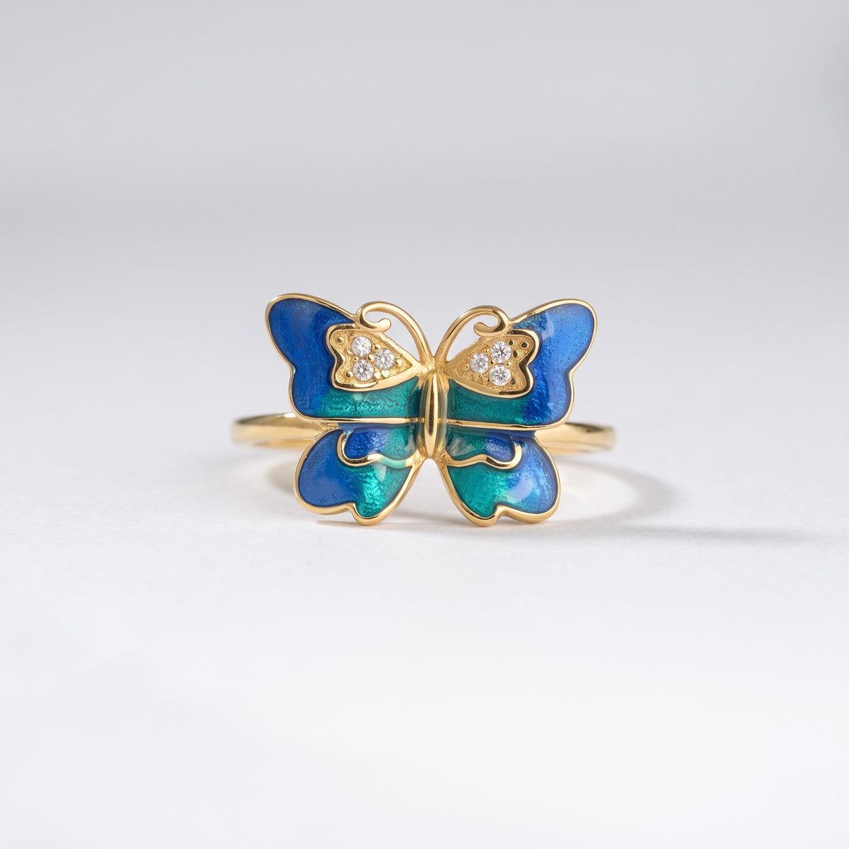 Blue Enamel Butterfly Ring with Heart Accents