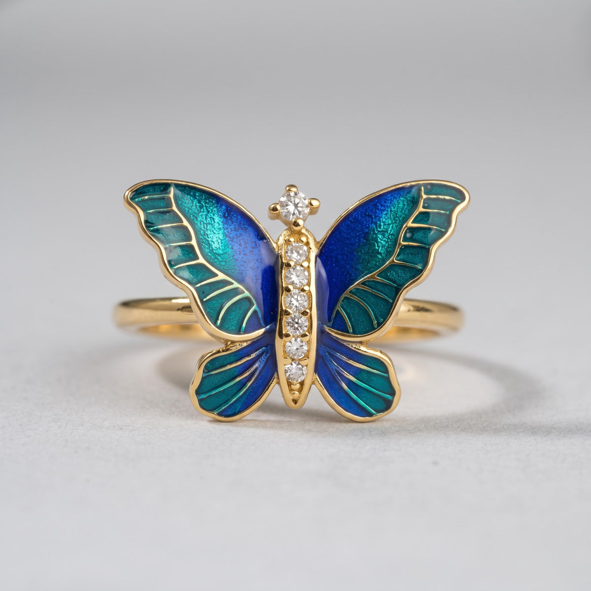 Peacock Blue Enamel Butterfly Ring