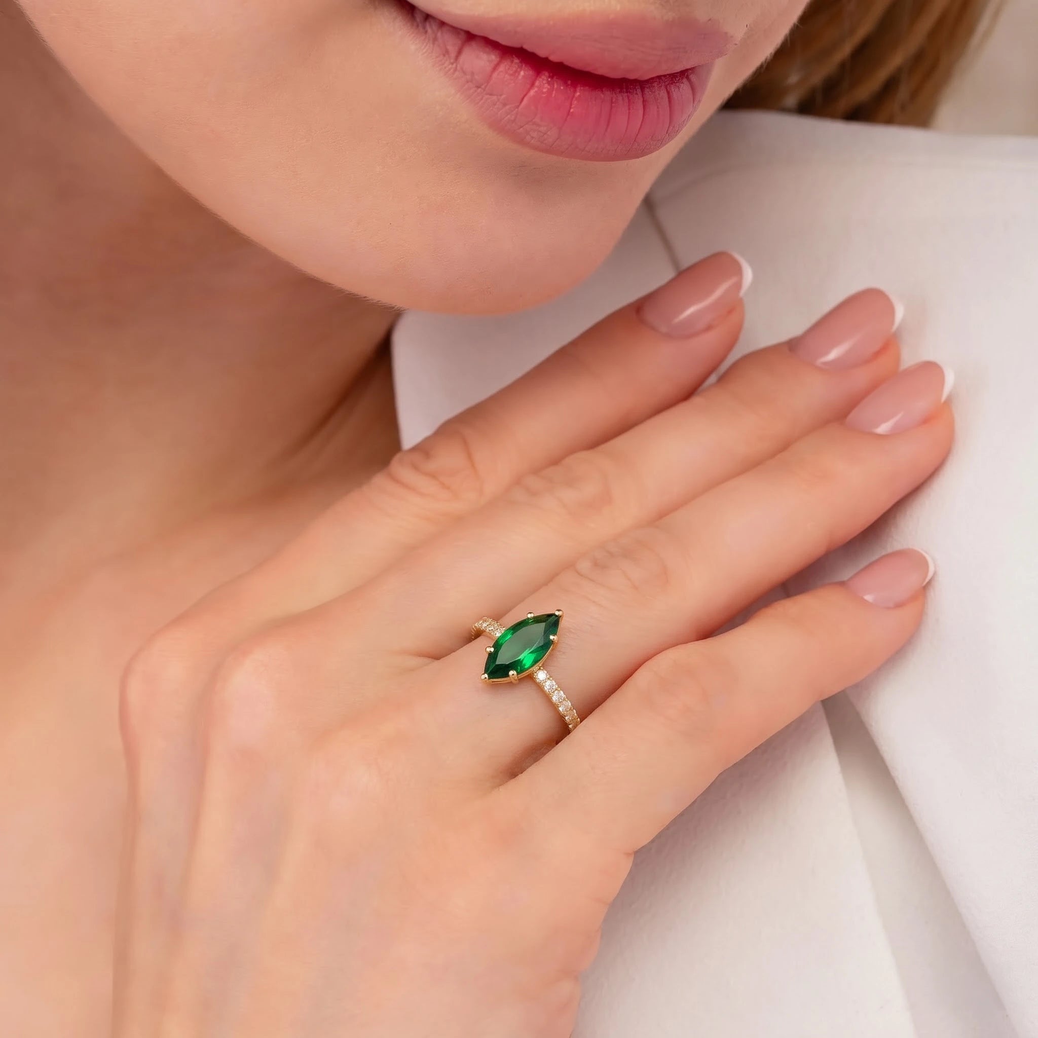 Marquise Cut Green Emerald Ring