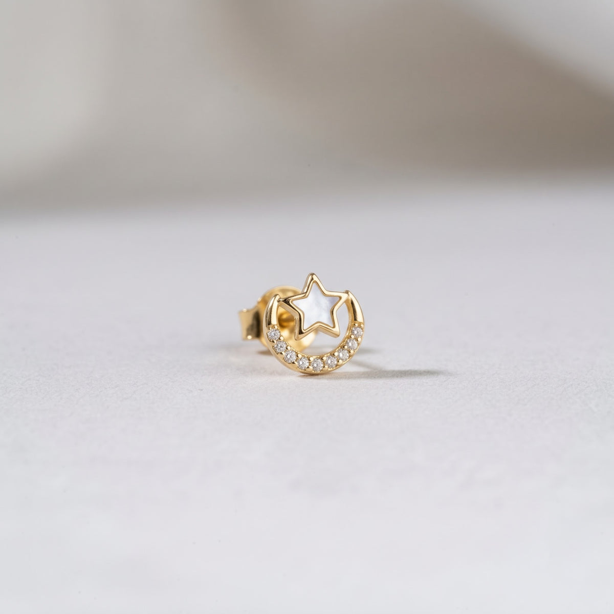 Pavé Crescent Moon and Star Stud Earring
