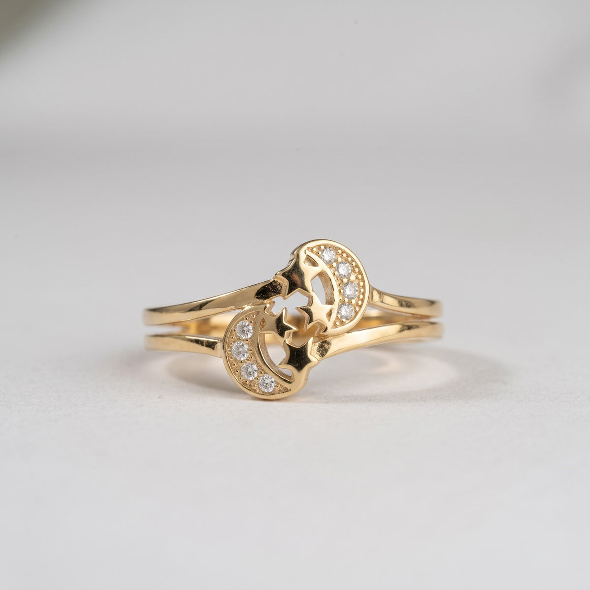 Pavé Crescent Moon and Star Bypass Ring