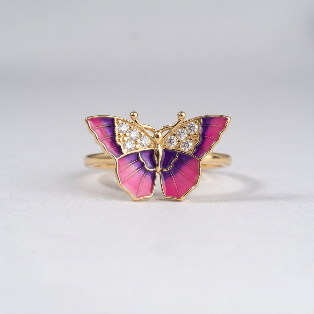 Pink and Purple Enamel Butterfly Ring with Pavé Accents