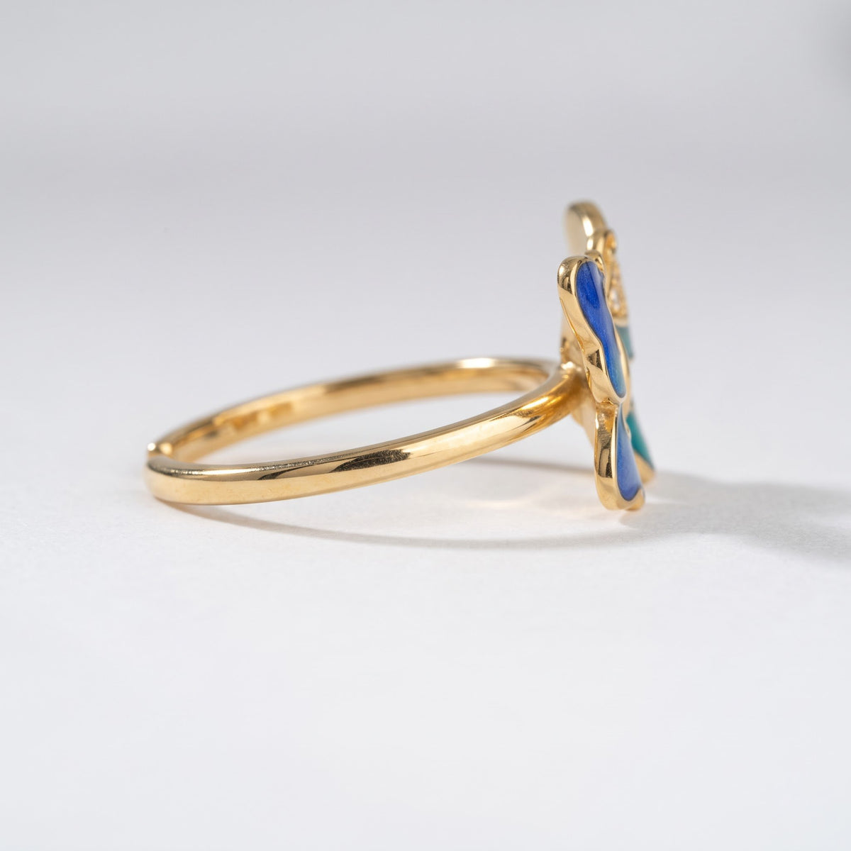 Blue Enamel Butterfly Ring with Heart Accents