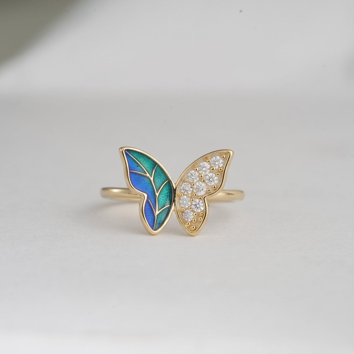 Blue-Green Enamel and Pavé Butterfly Ring