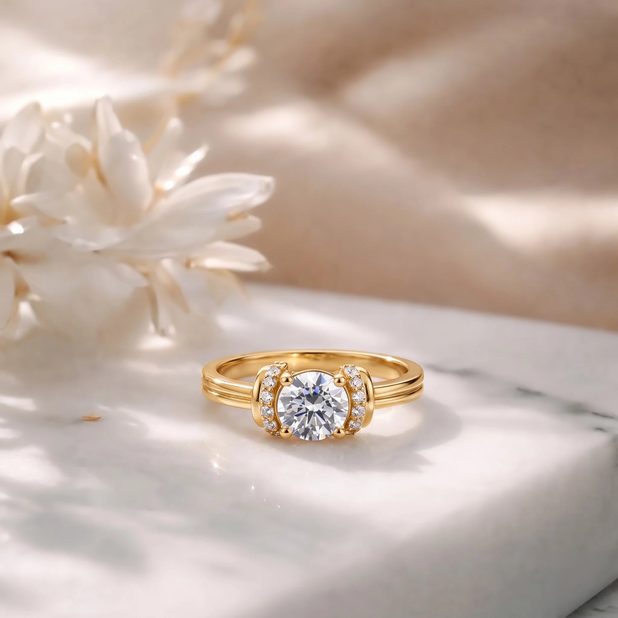Round Cut Solitaire Ring with Wrapped Pavé Collars