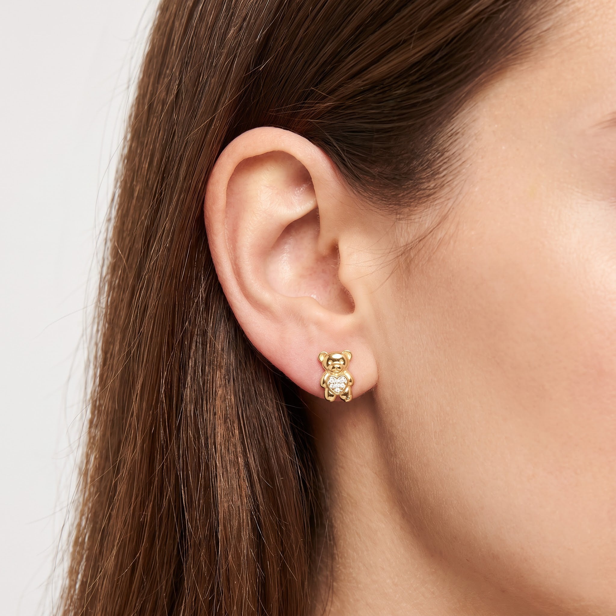Teddy Bear Heart Diamond Stud Earrings