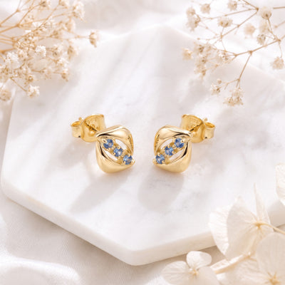 3-Stone Blue Sapphire Diagonal Wave Stud Earrings