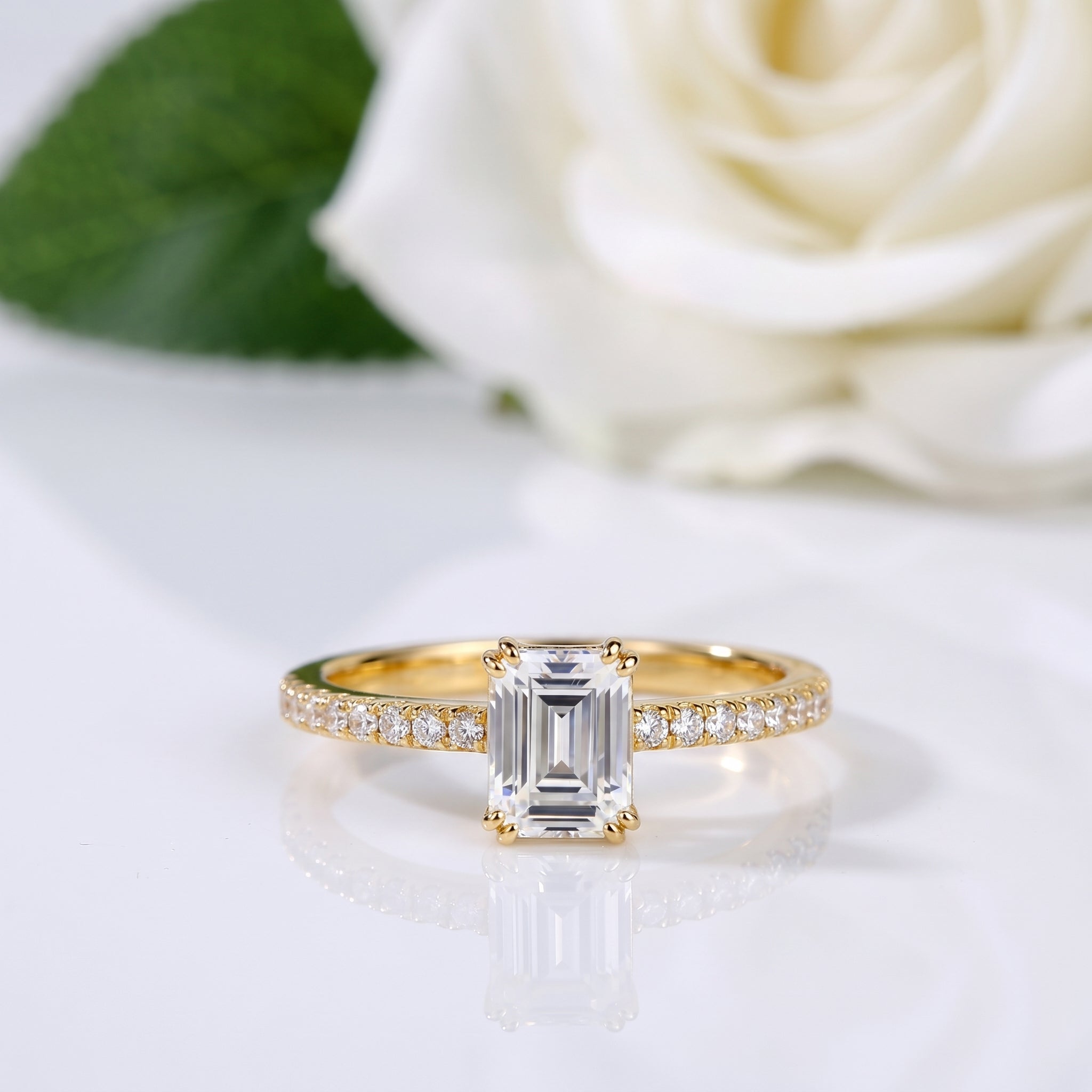 Emerald Cut Diamond Solitaire Ring with Pavé Band