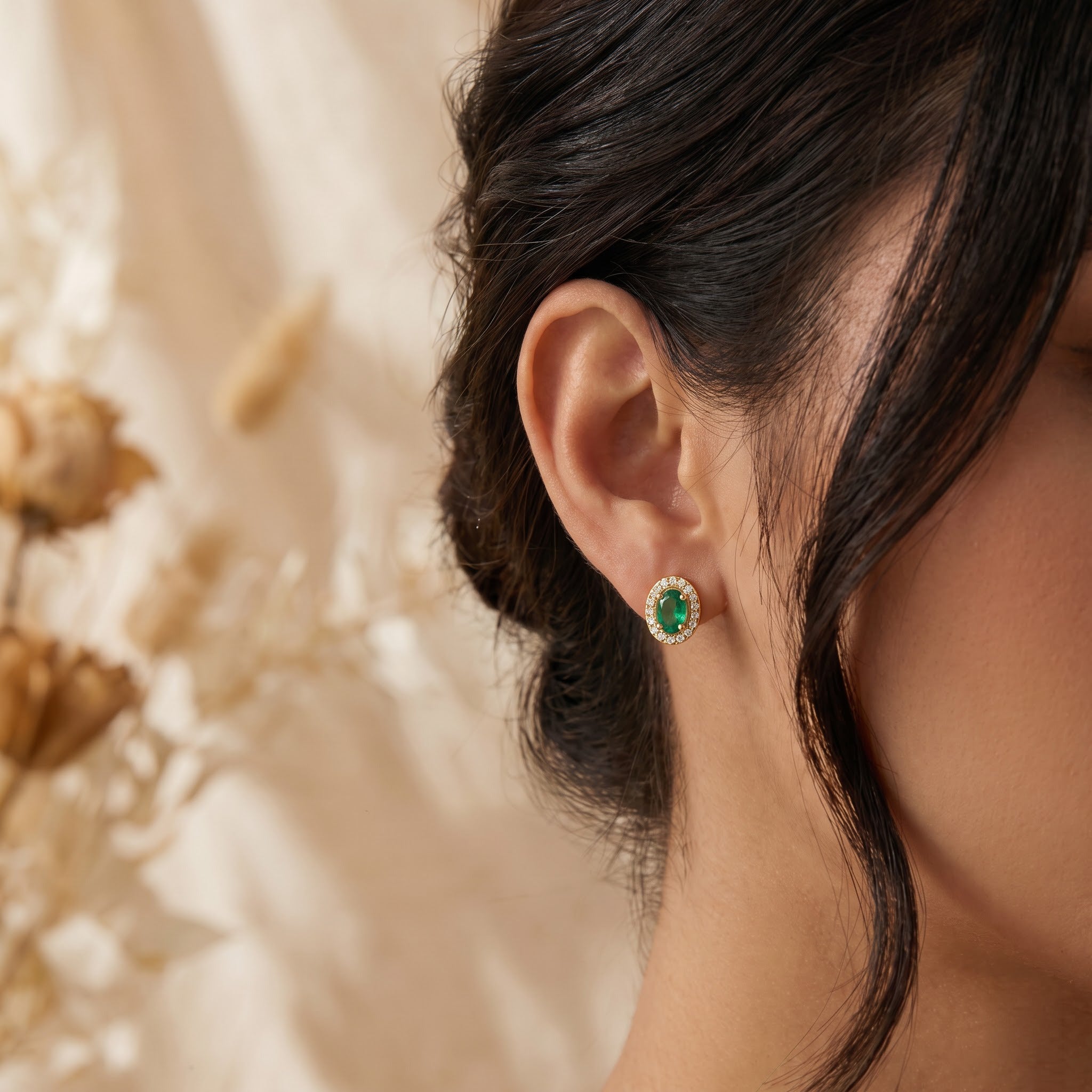 Oval Emerald Halo Stud Earrings