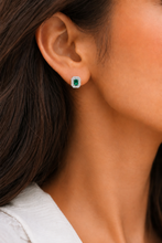 Silver Emerald Cut Green Stone Halo Stud Earrings