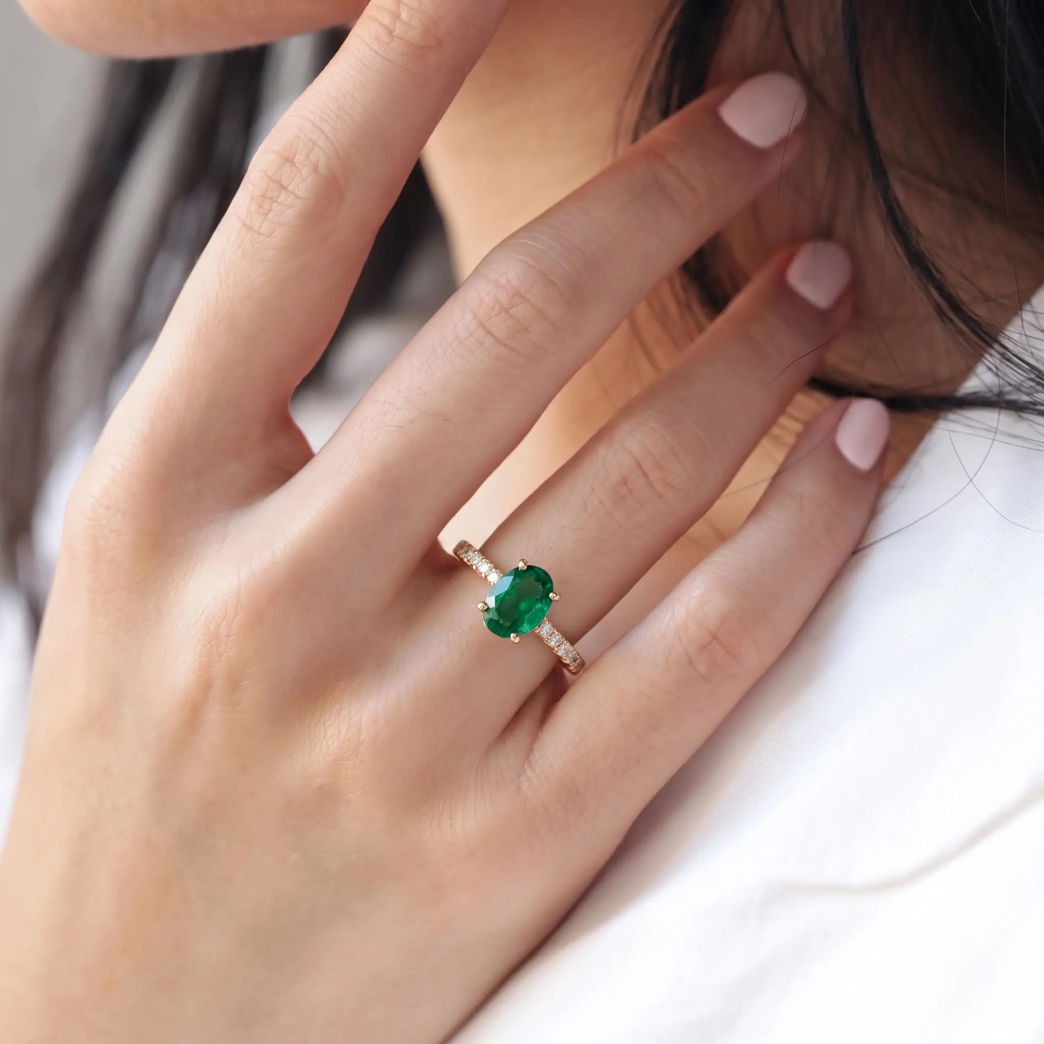 Oval Cut Green Emerald Ring with Pavé Band