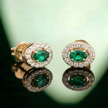Silver Oval Green Stone Halo Stud Earrings