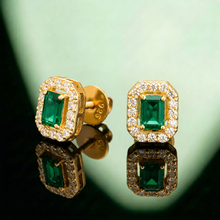 Silver Emerald Cut Green Stone Halo Stud Earrings