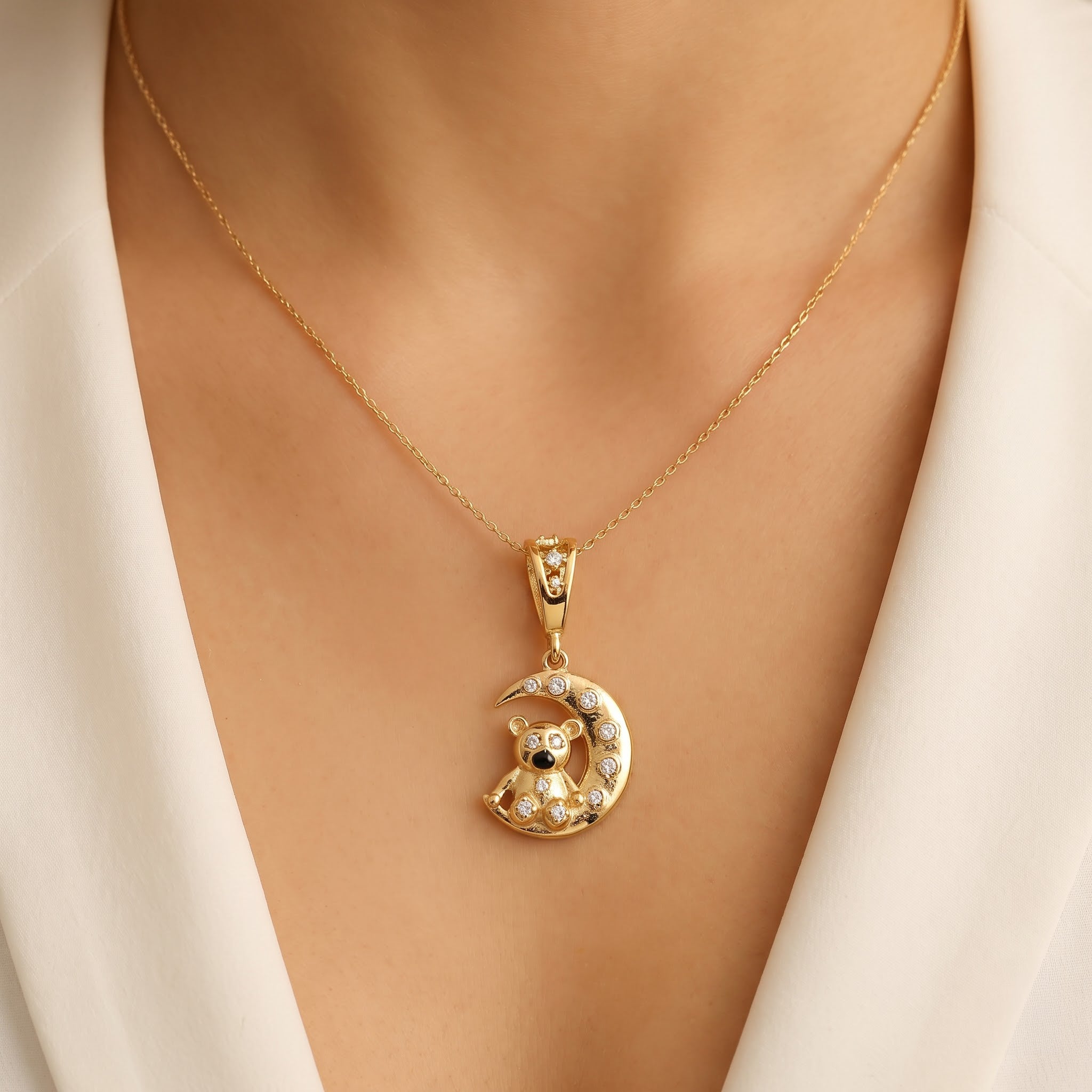 Teddy Bear on Crescent Moon Pendant with Chain