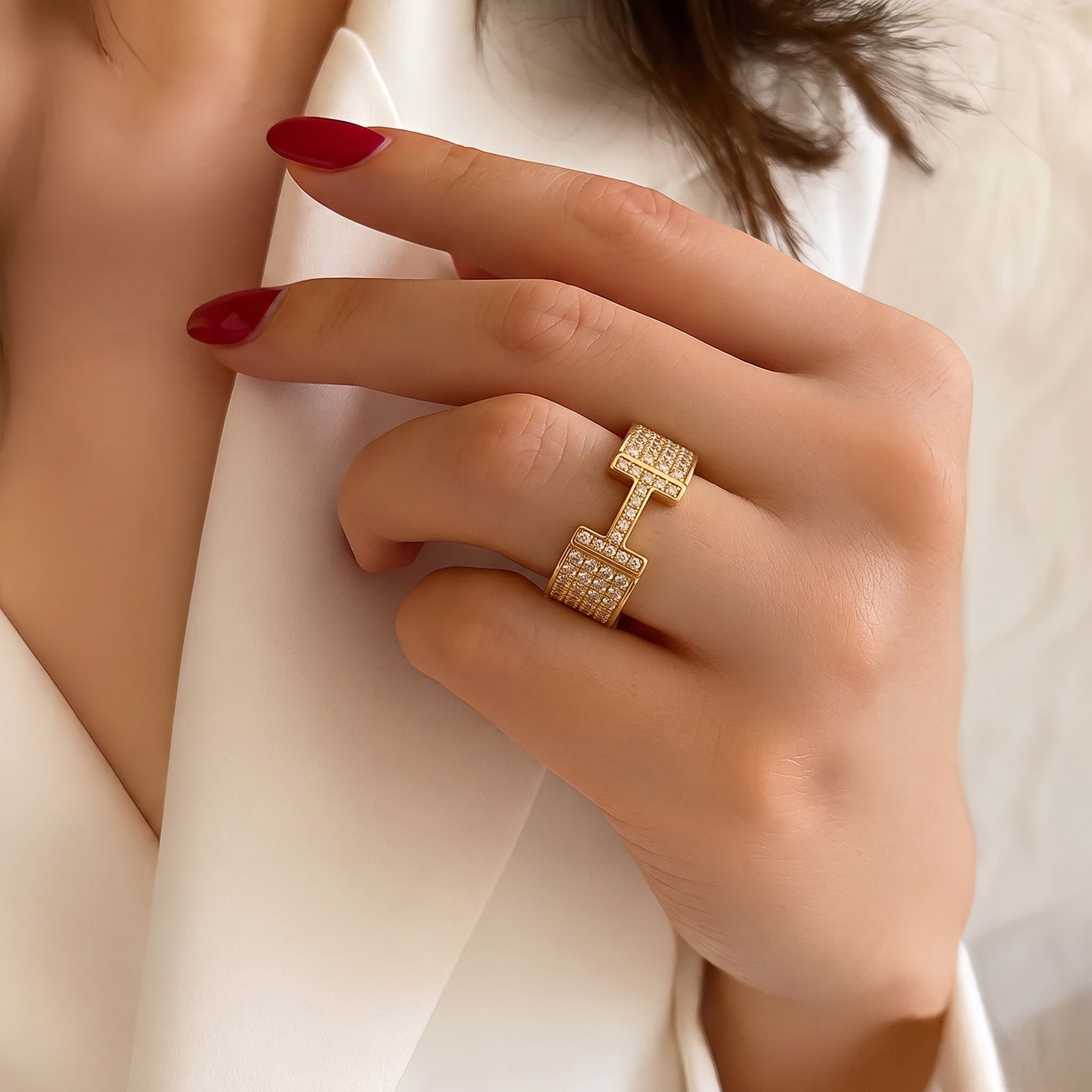 H-Shaped Pavé Diamond Ring