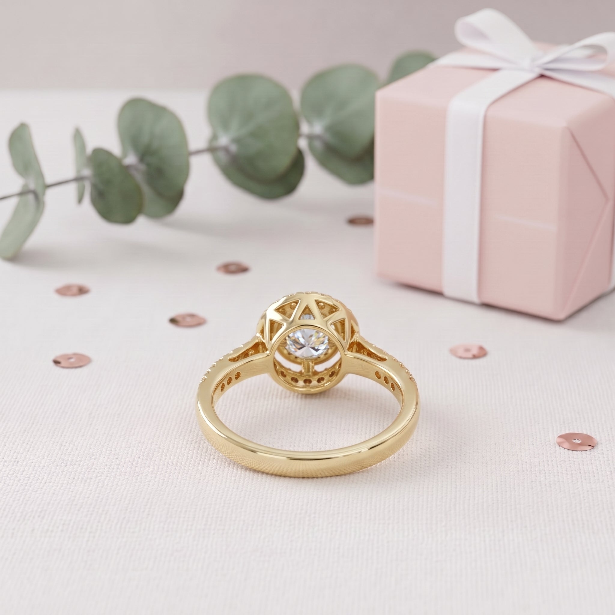 Round Cut Diamond Halo Ring With Pavé Band