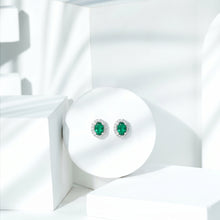 Silver Oval Green Stone Halo Stud Earrings