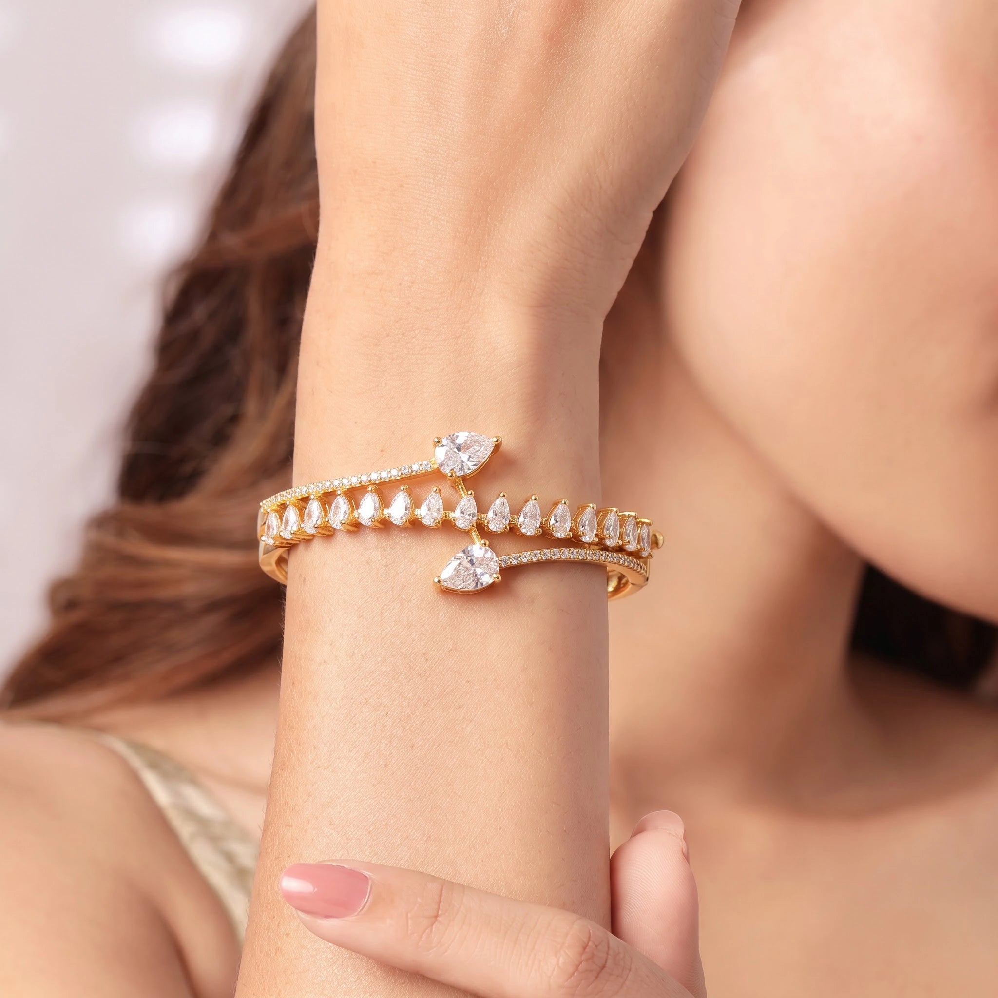 Gold Pear Cut White Stone Kada