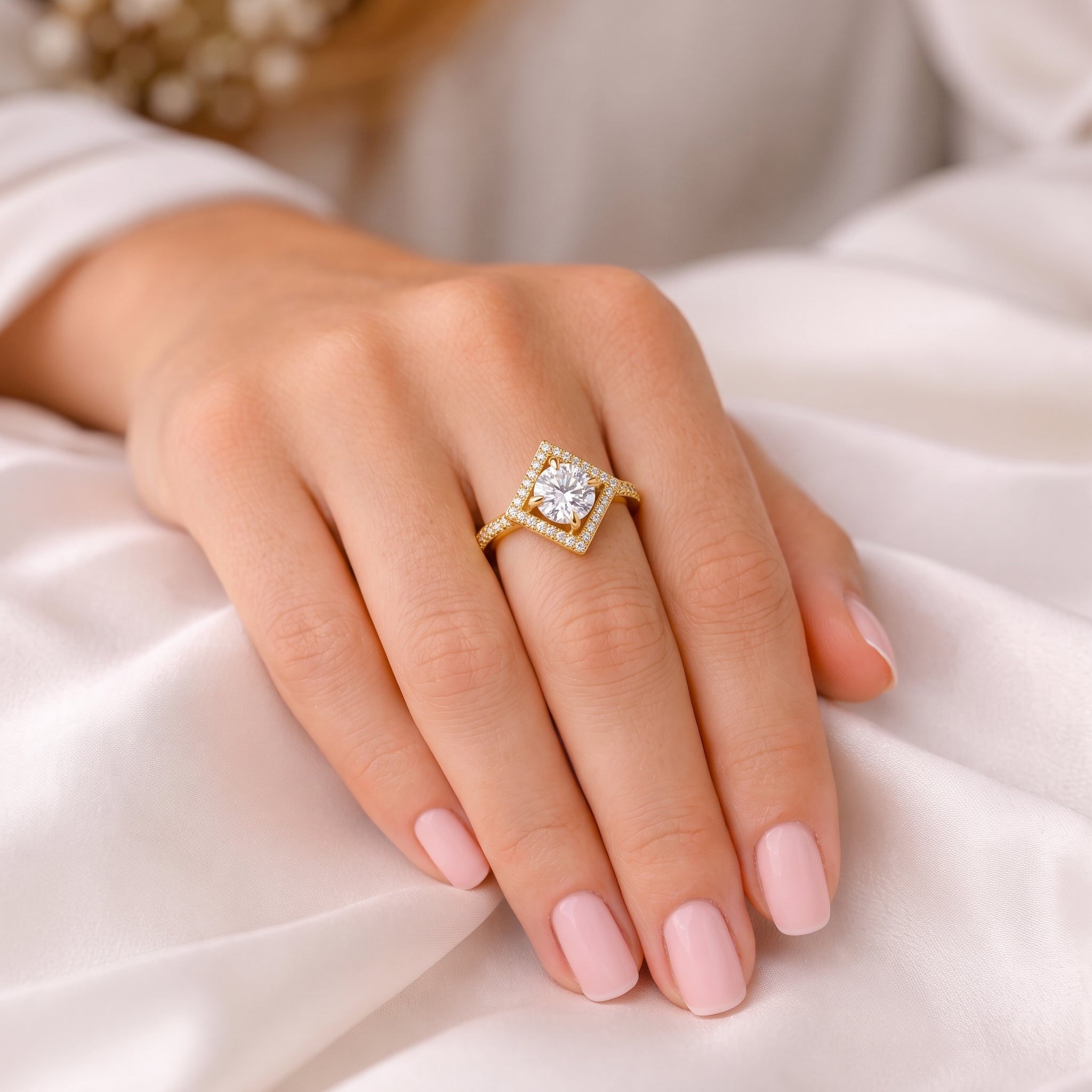 Kite-Shaped Diamond Halo Engagement Ring