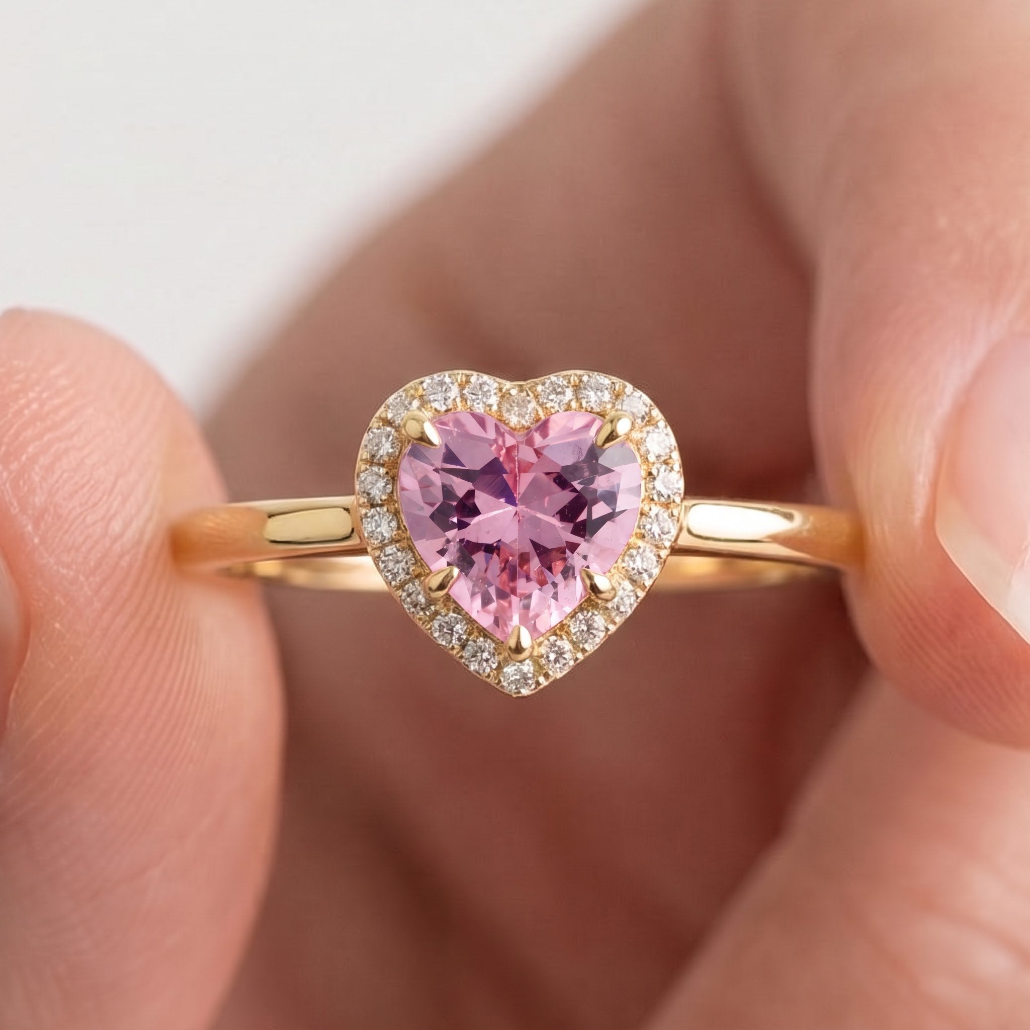 Rose Gold Pink Heart Halo Ring