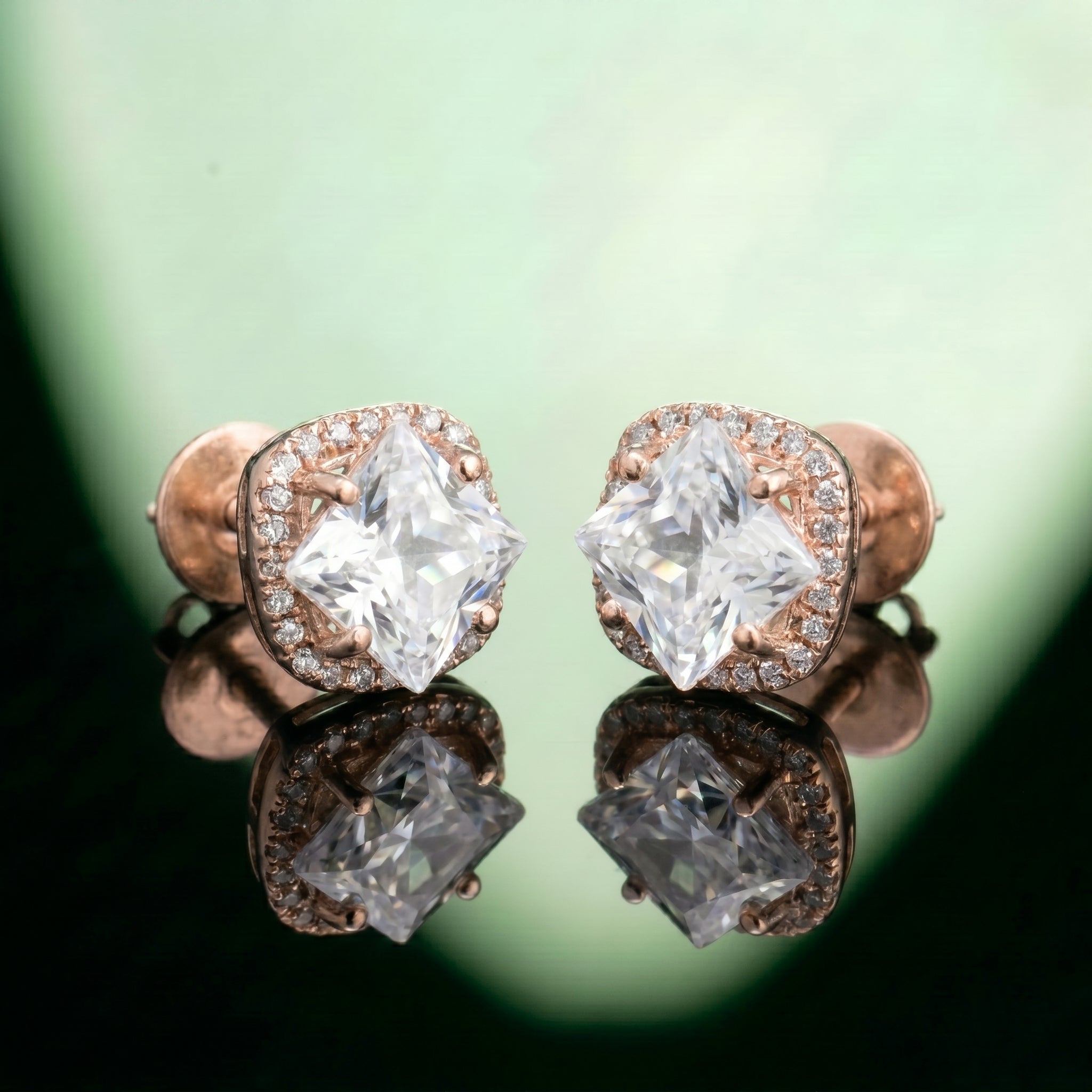 Silver Square Halo Stud Earrings