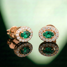 Silver Oval Green Stone Halo Stud Earrings