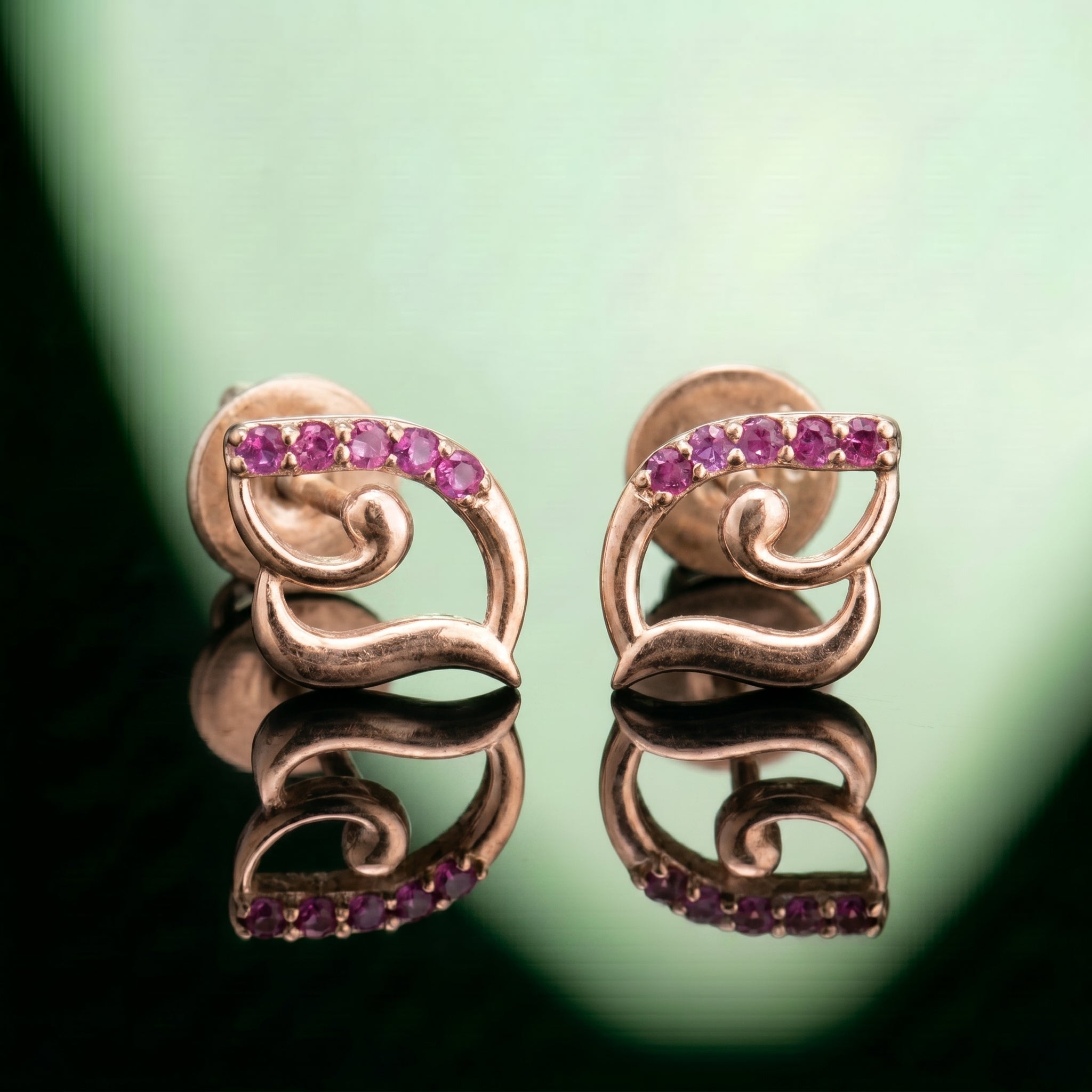 Silver Swirl Pink Stone Stud Earrings