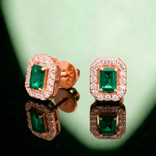 Silver Emerald Cut Green Stone Halo Stud Earrings
