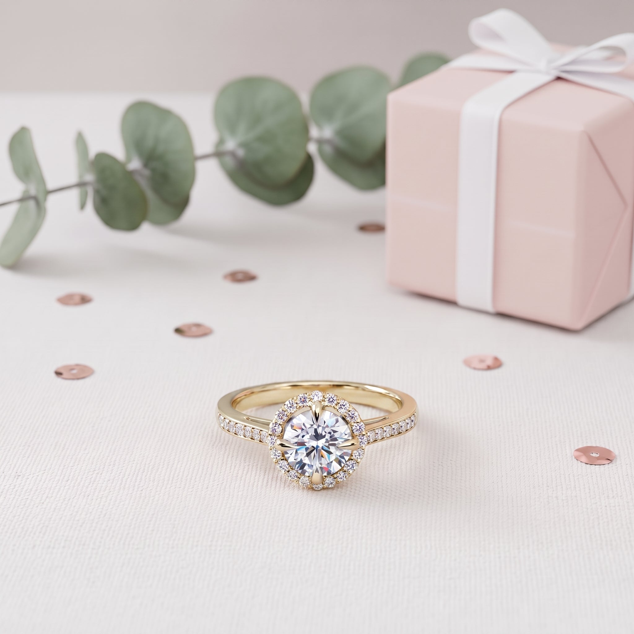 Round Cut Diamond Halo Ring With Pavé Band