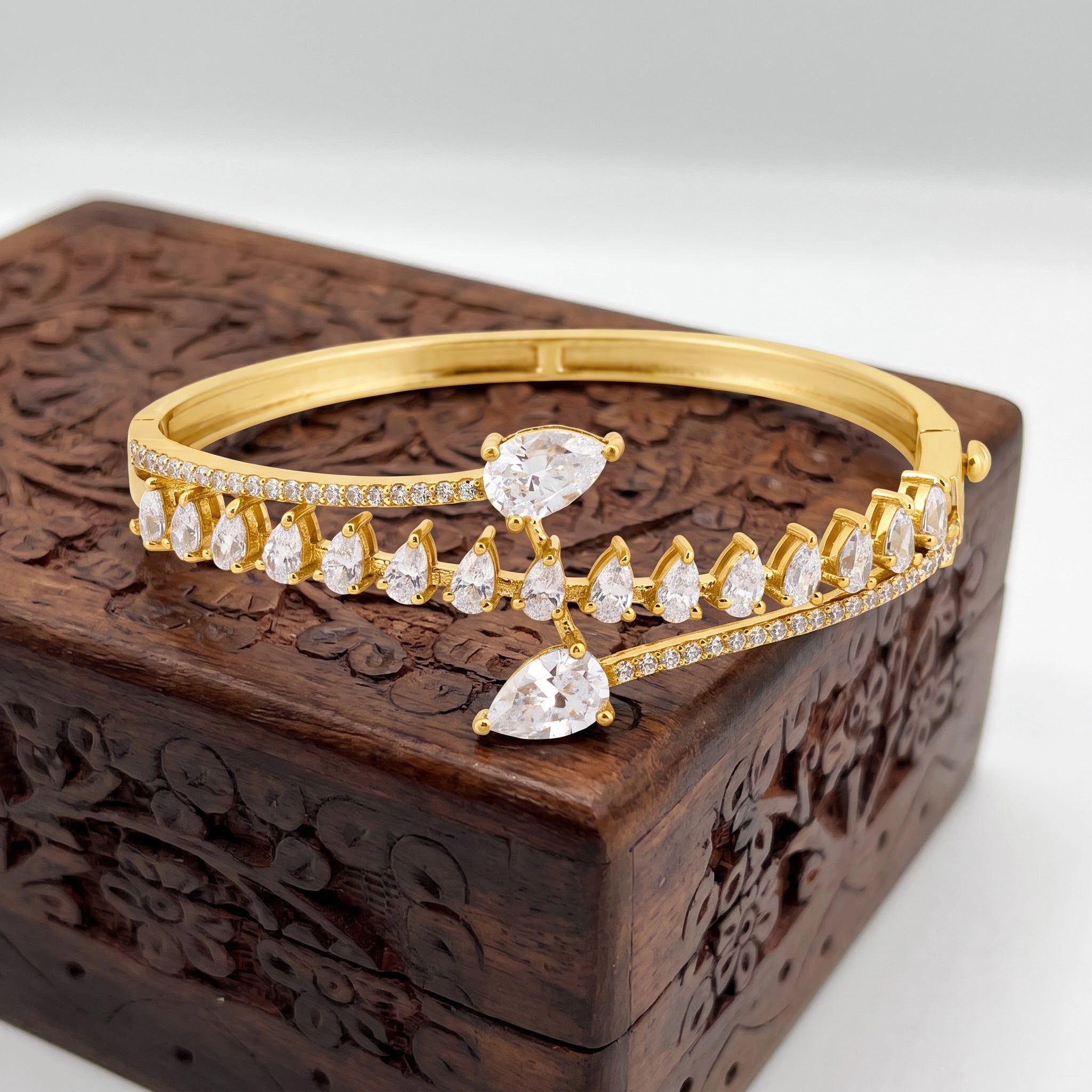 Gold Pear Cut White Stone Kada